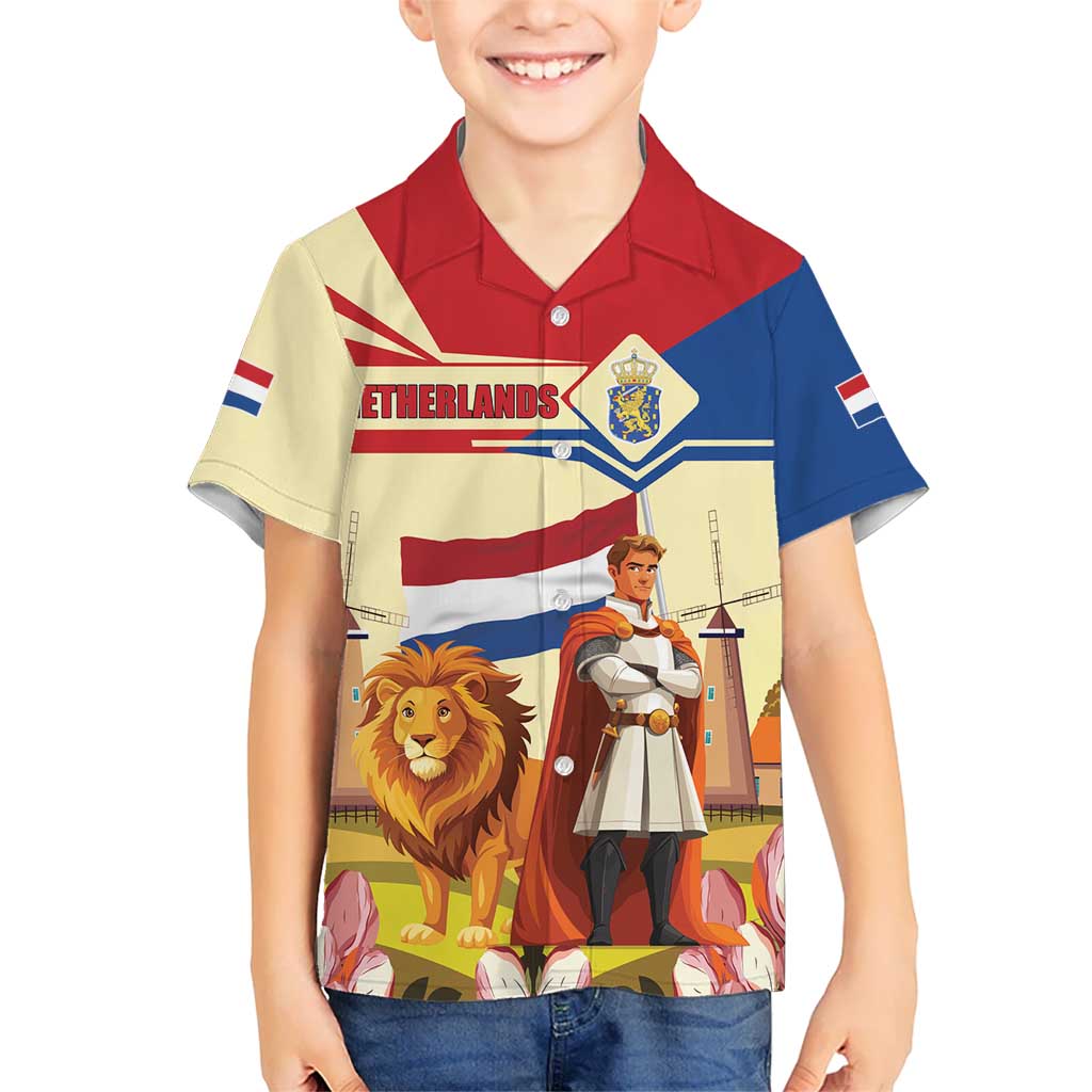 Netherlands Lion and Knight Kid Hawaiian Shirt Tulips and Windmills