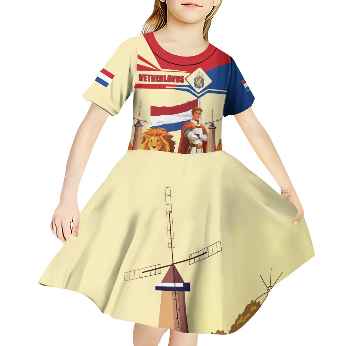 Netherlands Lion and Knight Kid Short Sleeve Dress Tulips and Windmills