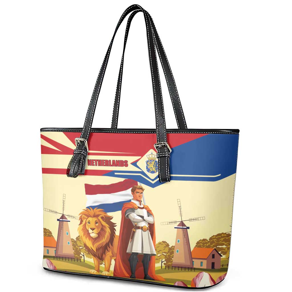 Netherlands Lion and Knight Leather Tote Bag Tulips and Windmills