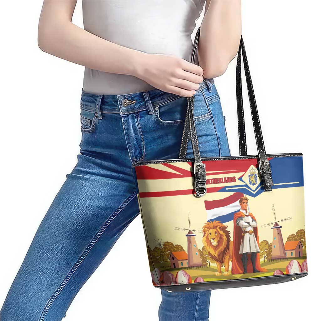 Netherlands Lion and Knight Leather Tote Bag Tulips and Windmills