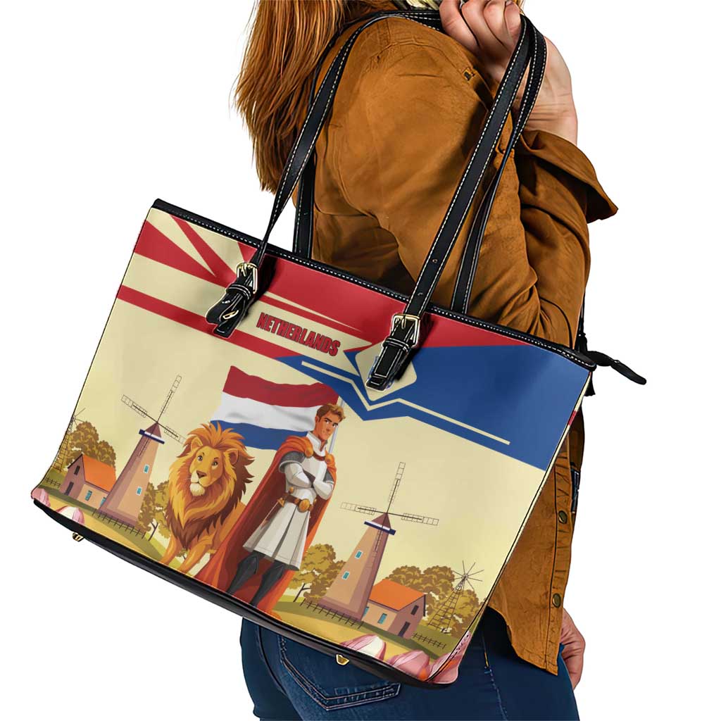 Netherlands Lion and Knight Leather Tote Bag Tulips and Windmills