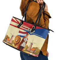Netherlands Lion and Knight Leather Tote Bag Tulips and Windmills
