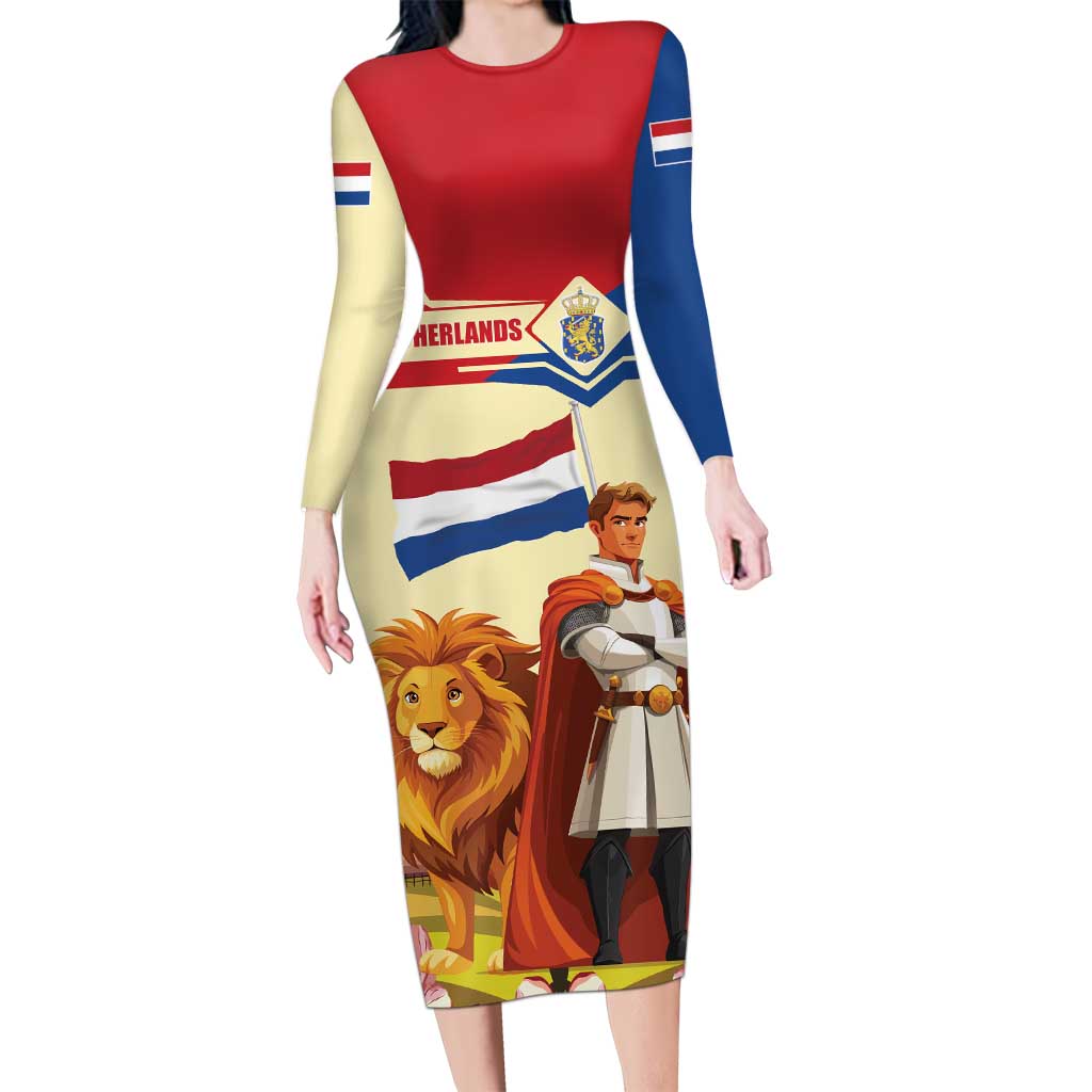 Netherlands Lion and Knight Long Sleeve Bodycon Dress Tulips and Windmills