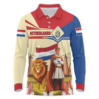 Netherlands Lion and Knight Long Sleeve Polo Shirt Tulips and Windmills