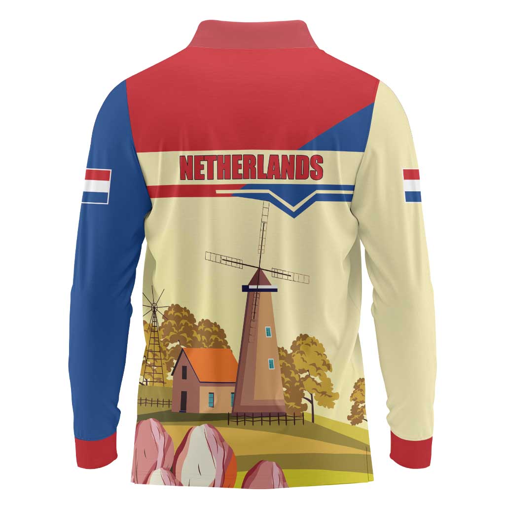 Netherlands Lion and Knight Long Sleeve Polo Shirt Tulips and Windmills