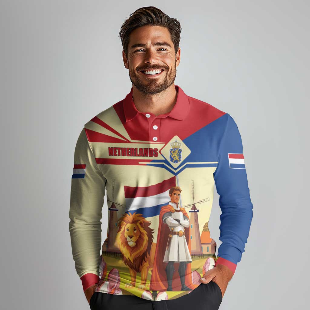 Netherlands Lion and Knight Long Sleeve Polo Shirt Tulips and Windmills
