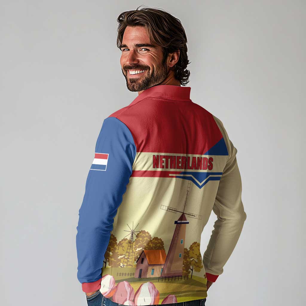 Netherlands Lion and Knight Long Sleeve Polo Shirt Tulips and Windmills