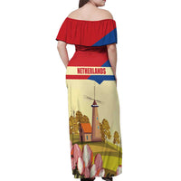 Netherlands Lion and Knight Off Shoulder Maxi Dress Tulips and Windmills
