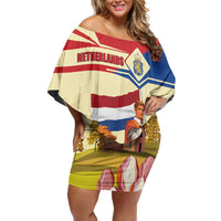 Netherlands Lion and Knight Off Shoulder Short Dress Tulips and Windmills