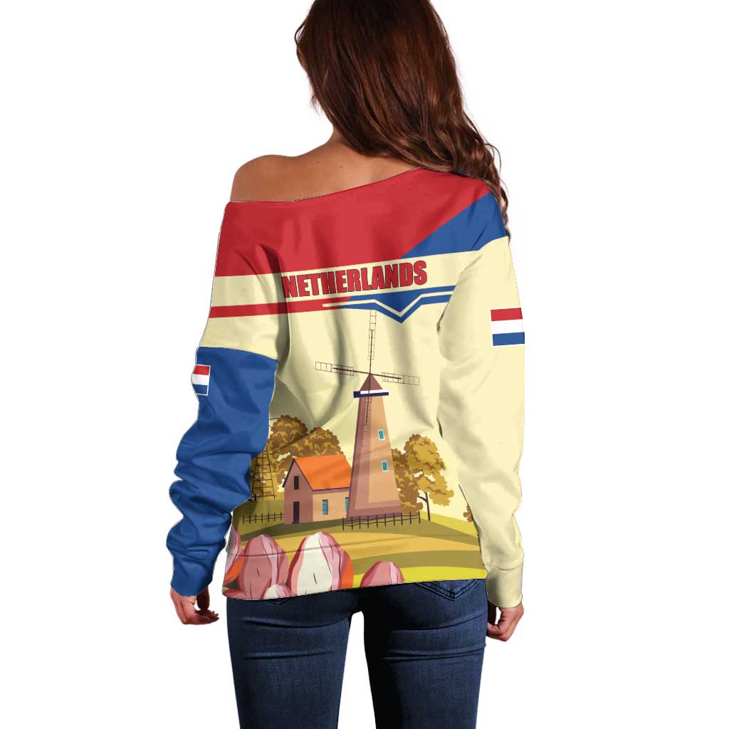 Netherlands Lion and Knight Off Shoulder Sweater Tulips and Windmills