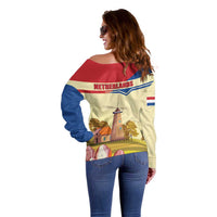 Netherlands Lion and Knight Off Shoulder Sweater Tulips and Windmills
