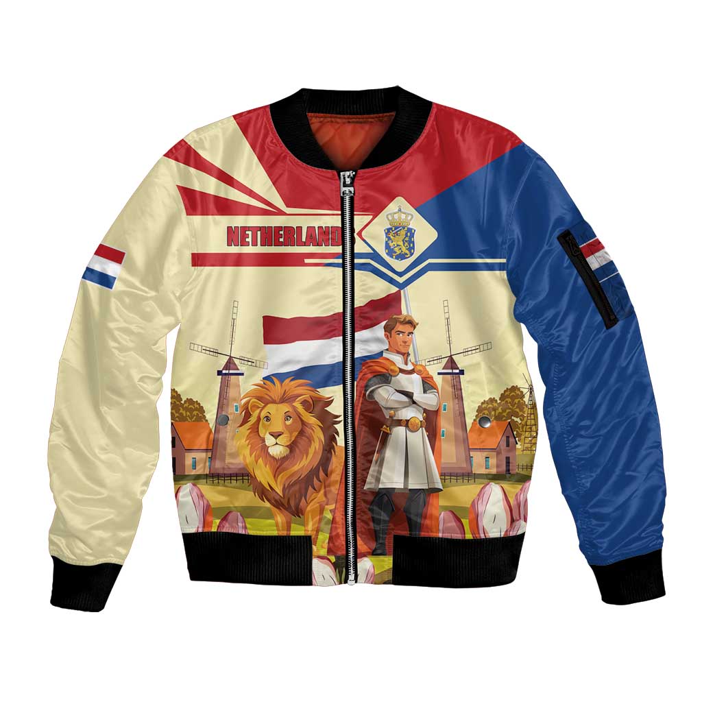 Netherlands Lion and Knight Sleeve Zip Bomber Jacket Tulips and Windmills