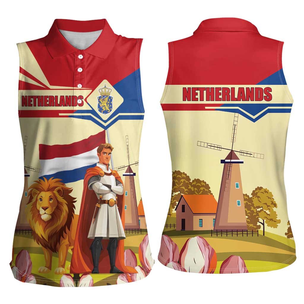Netherlands Lion and Knight Women Sleeveless Polo Shirt Tulips and Windmills