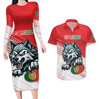 Custom Portugal Rugby Go Champions Couples Matching Long Sleeve Bodycon Dress and Hawaiian Shirt Wolf Mascot Style