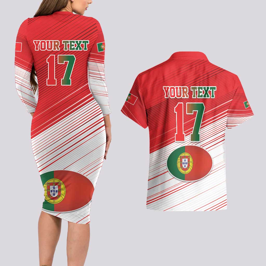 Custom Portugal Rugby Go Champions Couples Matching Long Sleeve Bodycon Dress and Hawaiian Shirt Wolf Mascot Style