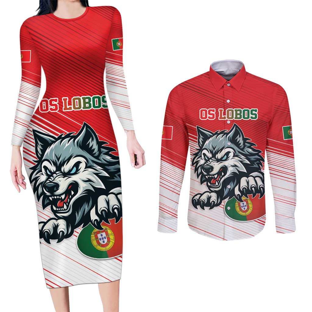 Custom Portugal Rugby Go Champions Couples Matching Long Sleeve Bodycon Dress and Long Sleeve Button Shirt Wolf Mascot Style