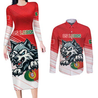 Custom Portugal Rugby Go Champions Couples Matching Long Sleeve Bodycon Dress and Long Sleeve Button Shirt Wolf Mascot Style