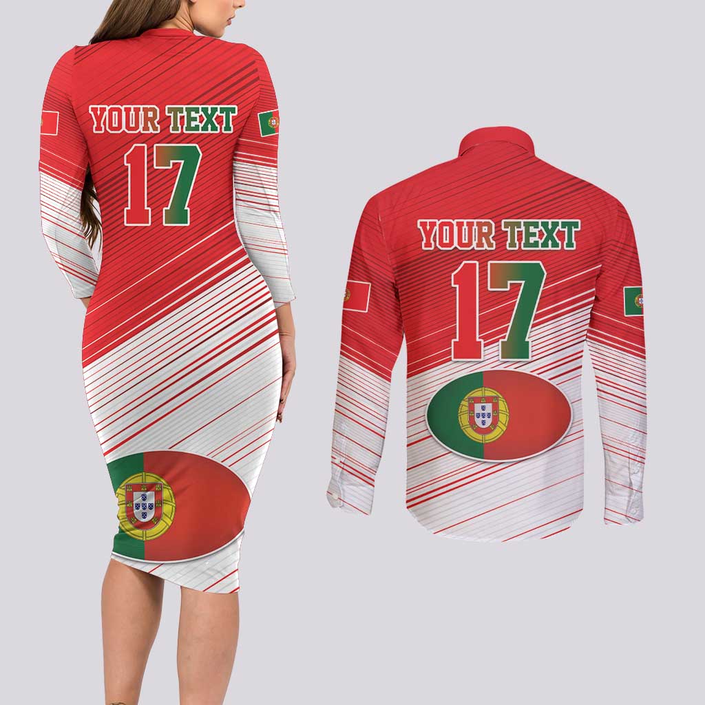 Custom Portugal Rugby Go Champions Couples Matching Long Sleeve Bodycon Dress and Long Sleeve Button Shirt Wolf Mascot Style