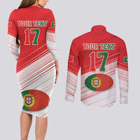 Custom Portugal Rugby Go Champions Couples Matching Long Sleeve Bodycon Dress and Long Sleeve Button Shirt Wolf Mascot Style
