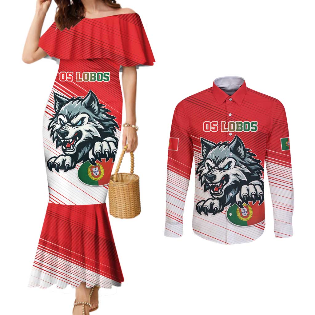 Custom Portugal Rugby Go Champions Couples Matching Mermaid Dress and Long Sleeve Button Shirt Wolf Mascot Style