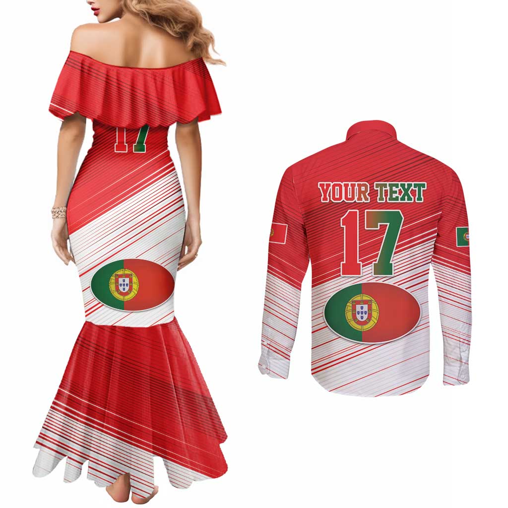 Custom Portugal Rugby Go Champions Couples Matching Mermaid Dress and Long Sleeve Button Shirt Wolf Mascot Style