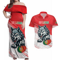 Custom Portugal Rugby Go Champions Couples Matching Off Shoulder Maxi Dress and Hawaiian Shirt Wolf Mascot Style