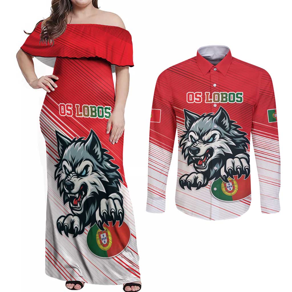 Custom Portugal Rugby Go Champions Couples Matching Off Shoulder Maxi Dress and Long Sleeve Button Shirt Wolf Mascot Style