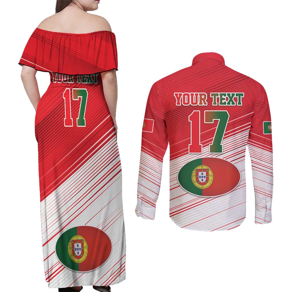 Custom Portugal Rugby Go Champions Couples Matching Off Shoulder Maxi Dress and Long Sleeve Button Shirt Wolf Mascot Style