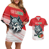 Custom Portugal Rugby Go Champions Couples Matching Off Shoulder Short Dress and Hawaiian Shirt Wolf Mascot Style