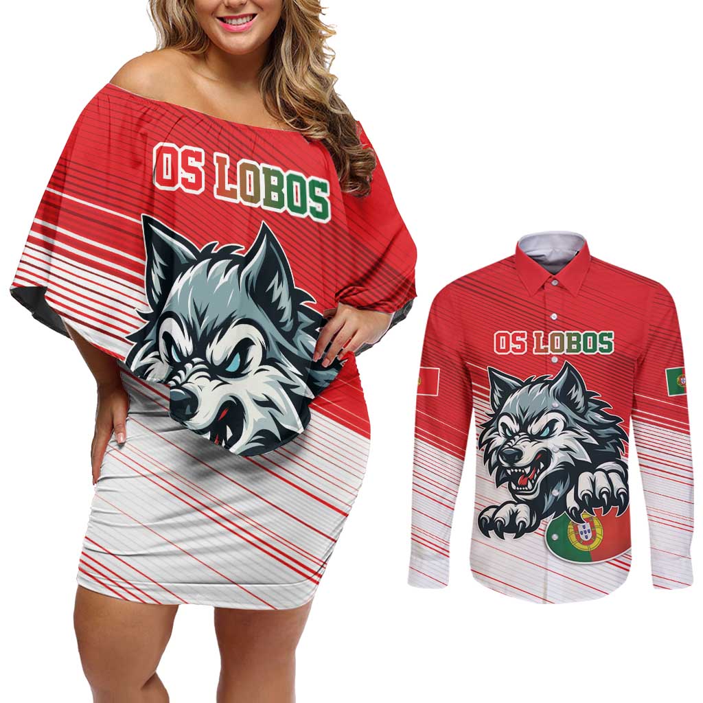 Custom Portugal Rugby Go Champions Couples Matching Off Shoulder Short Dress and Long Sleeve Button Shirt Wolf Mascot Style