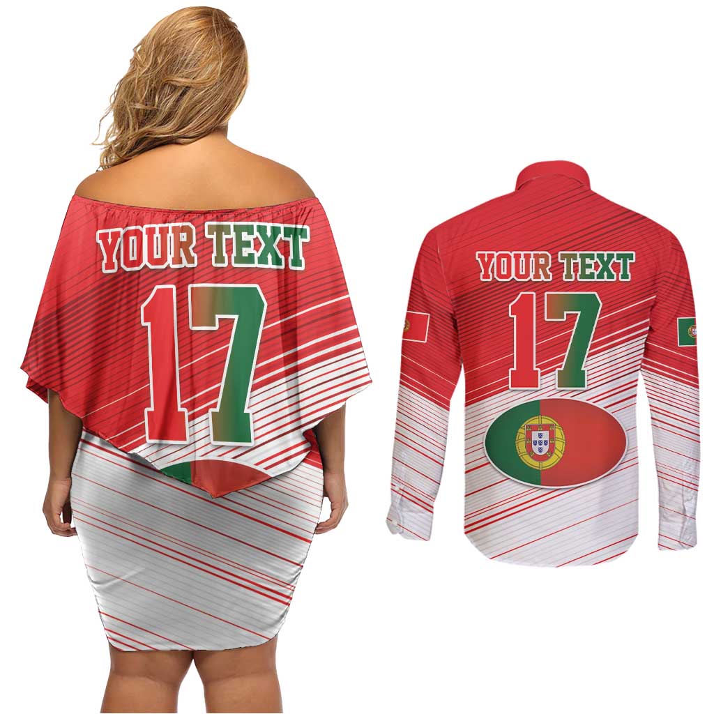 Custom Portugal Rugby Go Champions Couples Matching Off Shoulder Short Dress and Long Sleeve Button Shirt Wolf Mascot Style