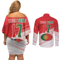Custom Portugal Rugby Go Champions Couples Matching Off Shoulder Short Dress and Long Sleeve Button Shirt Wolf Mascot Style