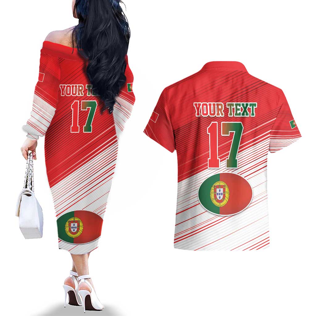 Custom Portugal Rugby Go Champions Couples Matching Off The Shoulder Long Sleeve Dress and Hawaiian Shirt Wolf Mascot Style