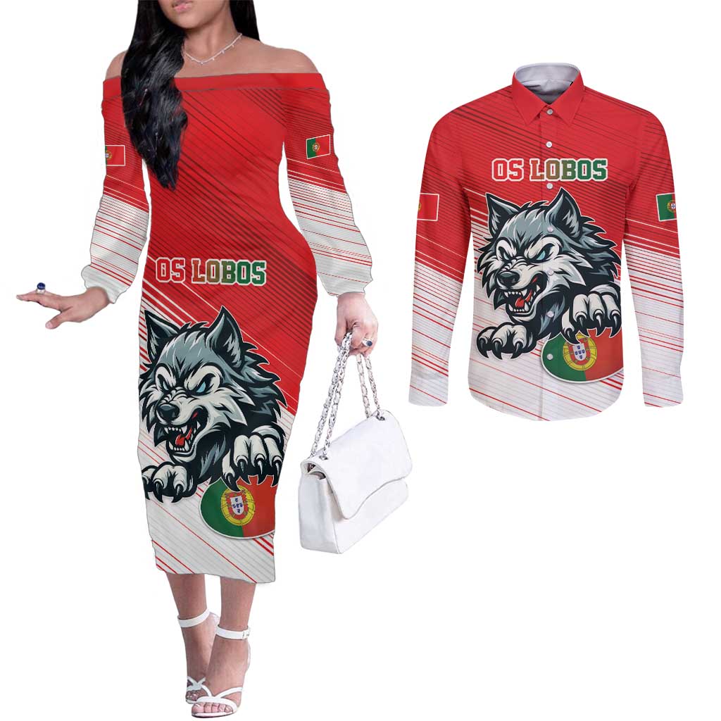 Custom Portugal Rugby Go Champions Couples Matching Off The Shoulder Long Sleeve Dress and Long Sleeve Button Shirt Wolf Mascot Style