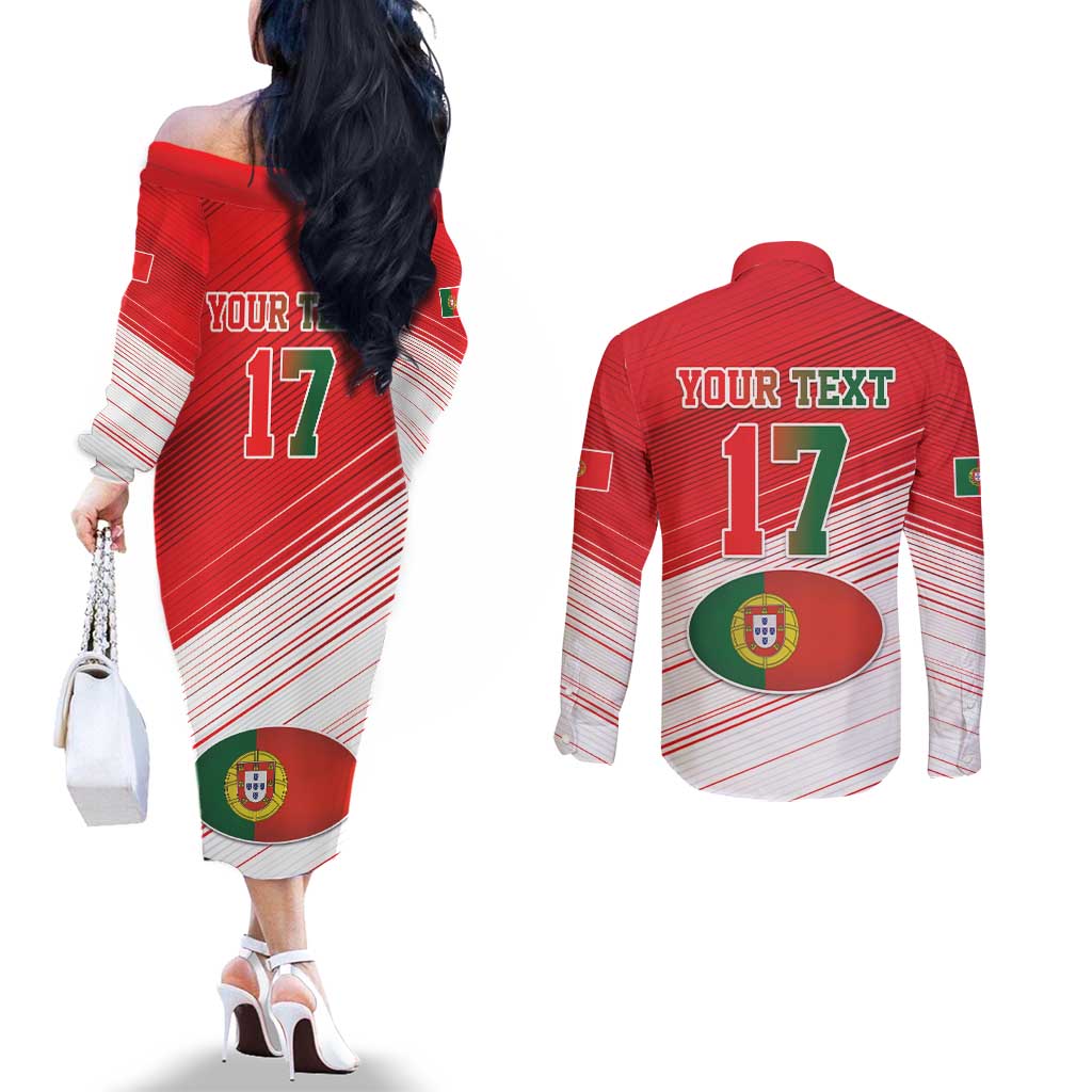 Custom Portugal Rugby Go Champions Couples Matching Off The Shoulder Long Sleeve Dress and Long Sleeve Button Shirt Wolf Mascot Style