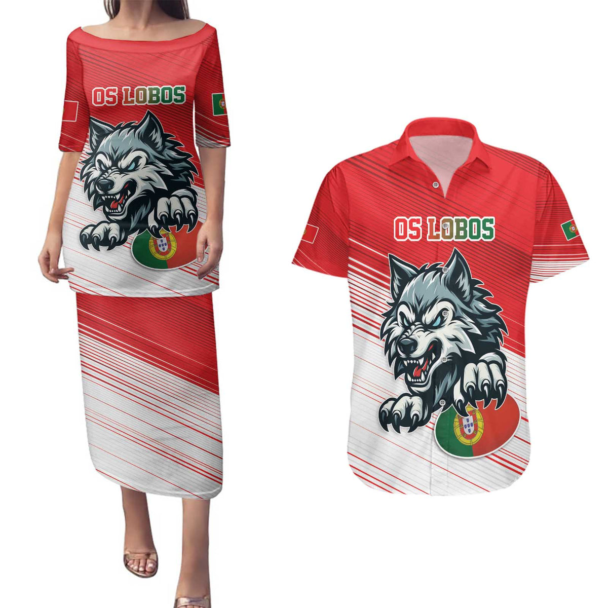 Custom Portugal Rugby Go Champions Couples Matching Puletasi and Hawaiian Shirt Wolf Mascot Style