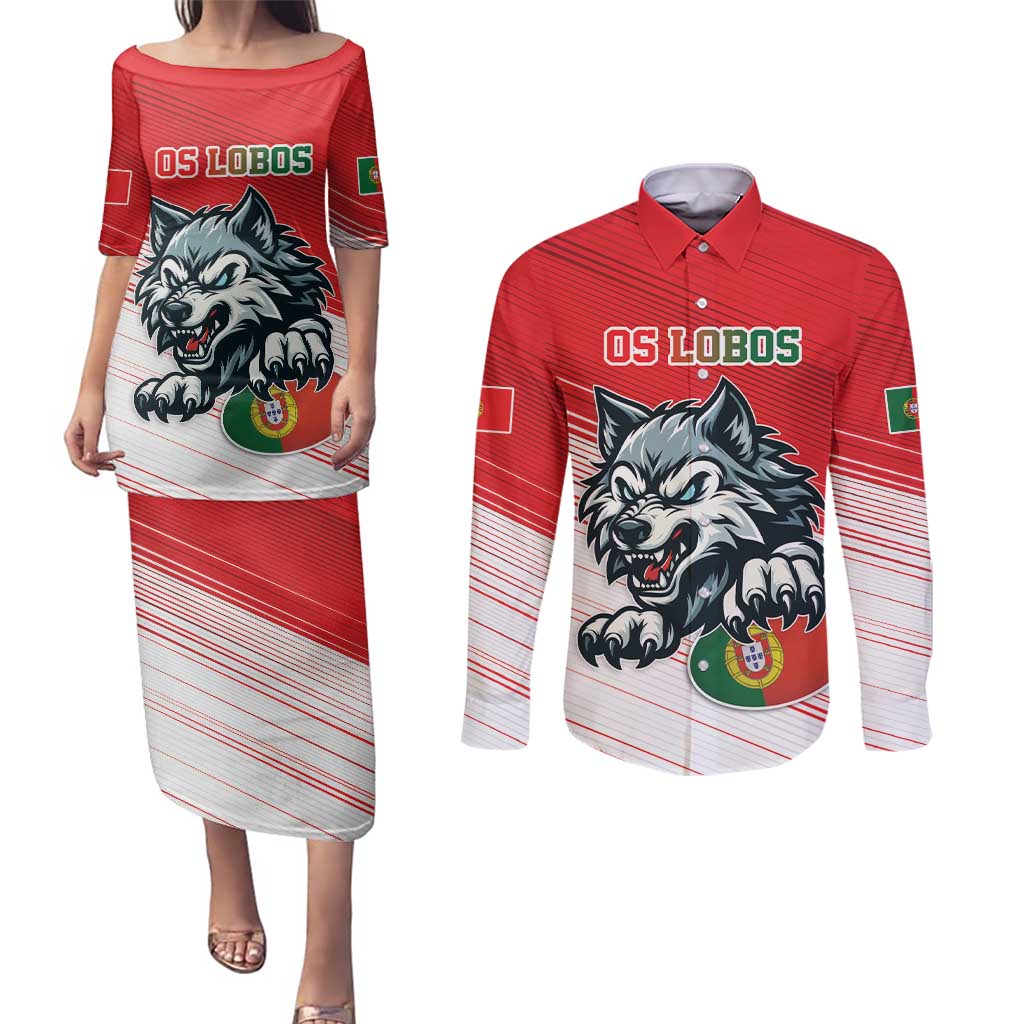 Custom Portugal Rugby Go Champions Couples Matching Puletasi and Long Sleeve Button Shirt Wolf Mascot Style