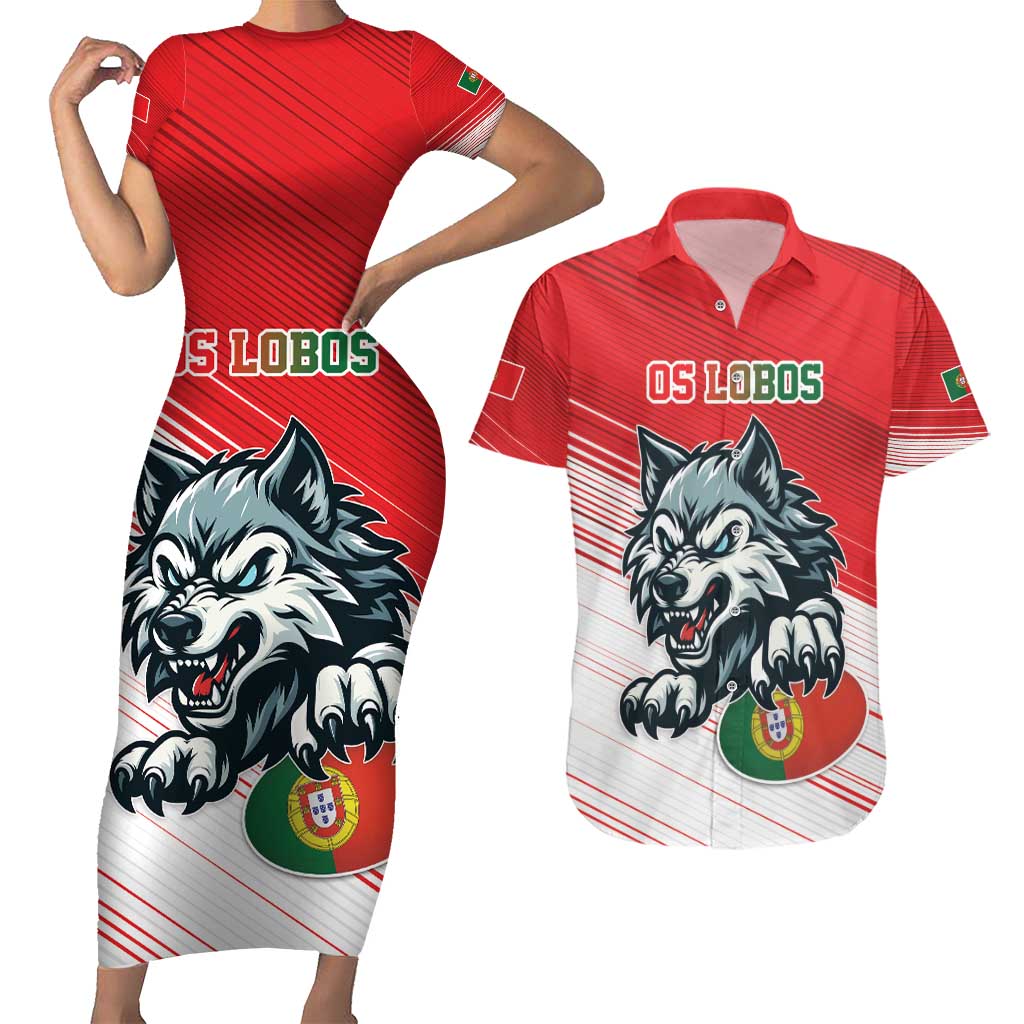 Custom Portugal Rugby Go Champions Couples Matching Short Sleeve Bodycon Dress and Hawaiian Shirt Wolf Mascot Style