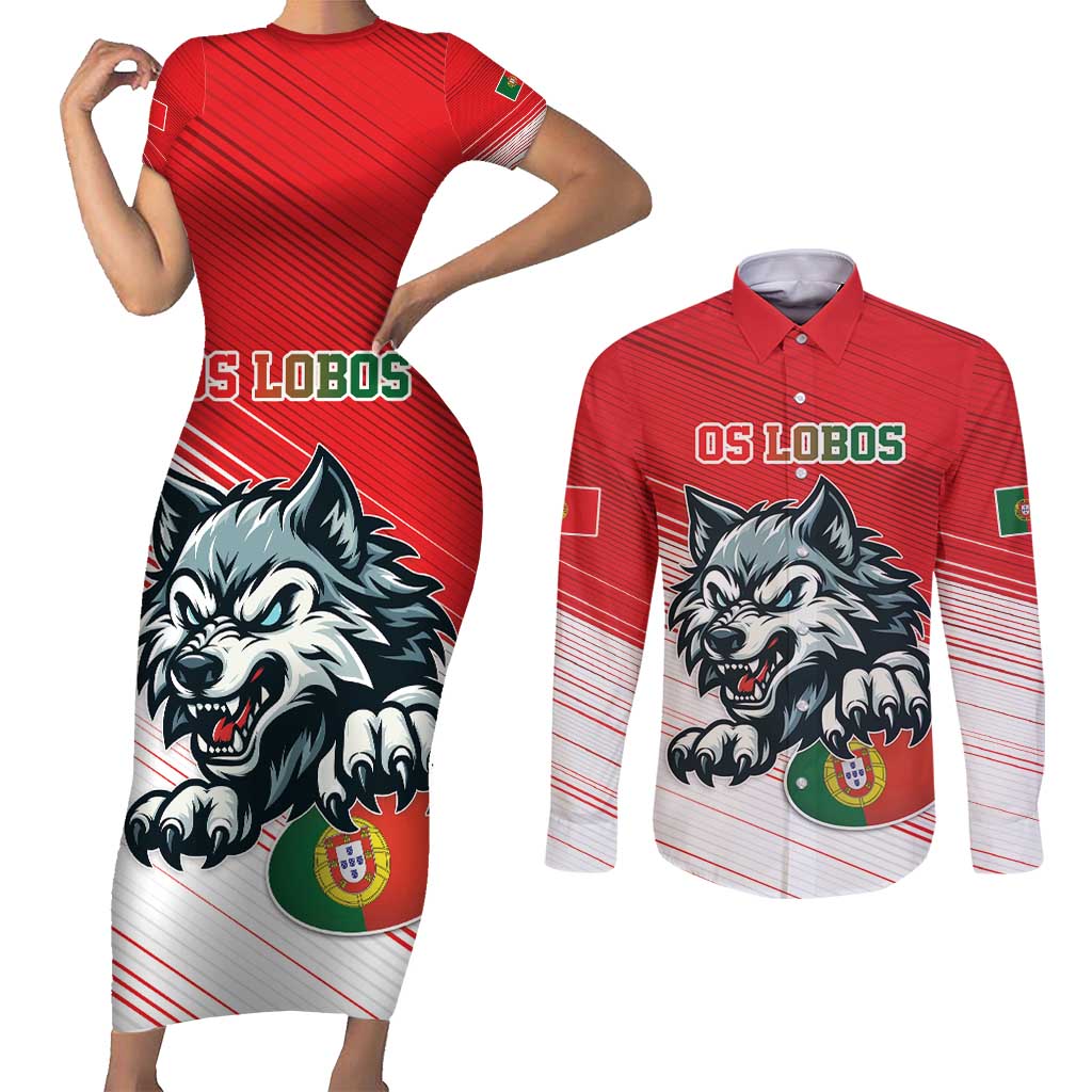 Custom Portugal Rugby Go Champions Couples Matching Short Sleeve Bodycon Dress and Long Sleeve Button Shirt Wolf Mascot Style