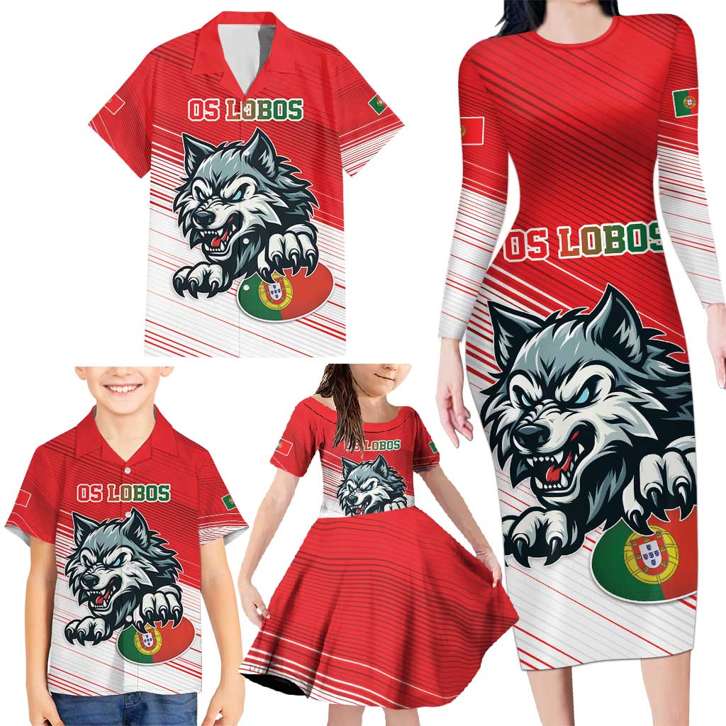 Custom Portugal Rugby Go Champions Family Matching Long Sleeve Bodycon Dress and Hawaiian Shirt Wolf Mascot Style