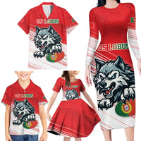 Custom Portugal Rugby Go Champions Family Matching Long Sleeve Bodycon Dress and Hawaiian Shirt Wolf Mascot Style