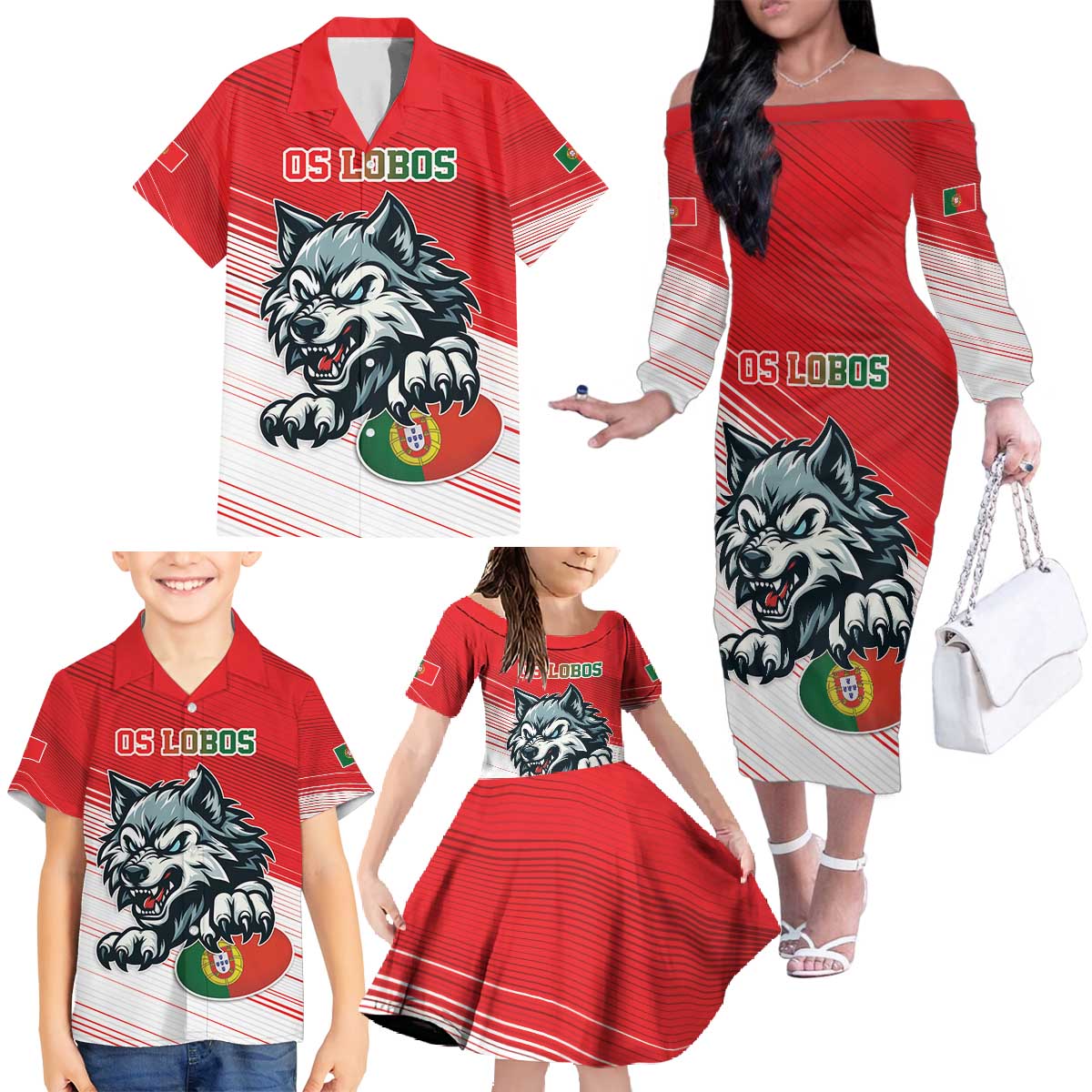 Custom Portugal Rugby Go Champions Family Matching Off The Shoulder Long Sleeve Dress and Hawaiian Shirt Wolf Mascot Style
