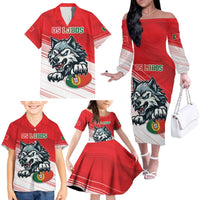 Custom Portugal Rugby Go Champions Family Matching Off The Shoulder Long Sleeve Dress and Hawaiian Shirt Wolf Mascot Style