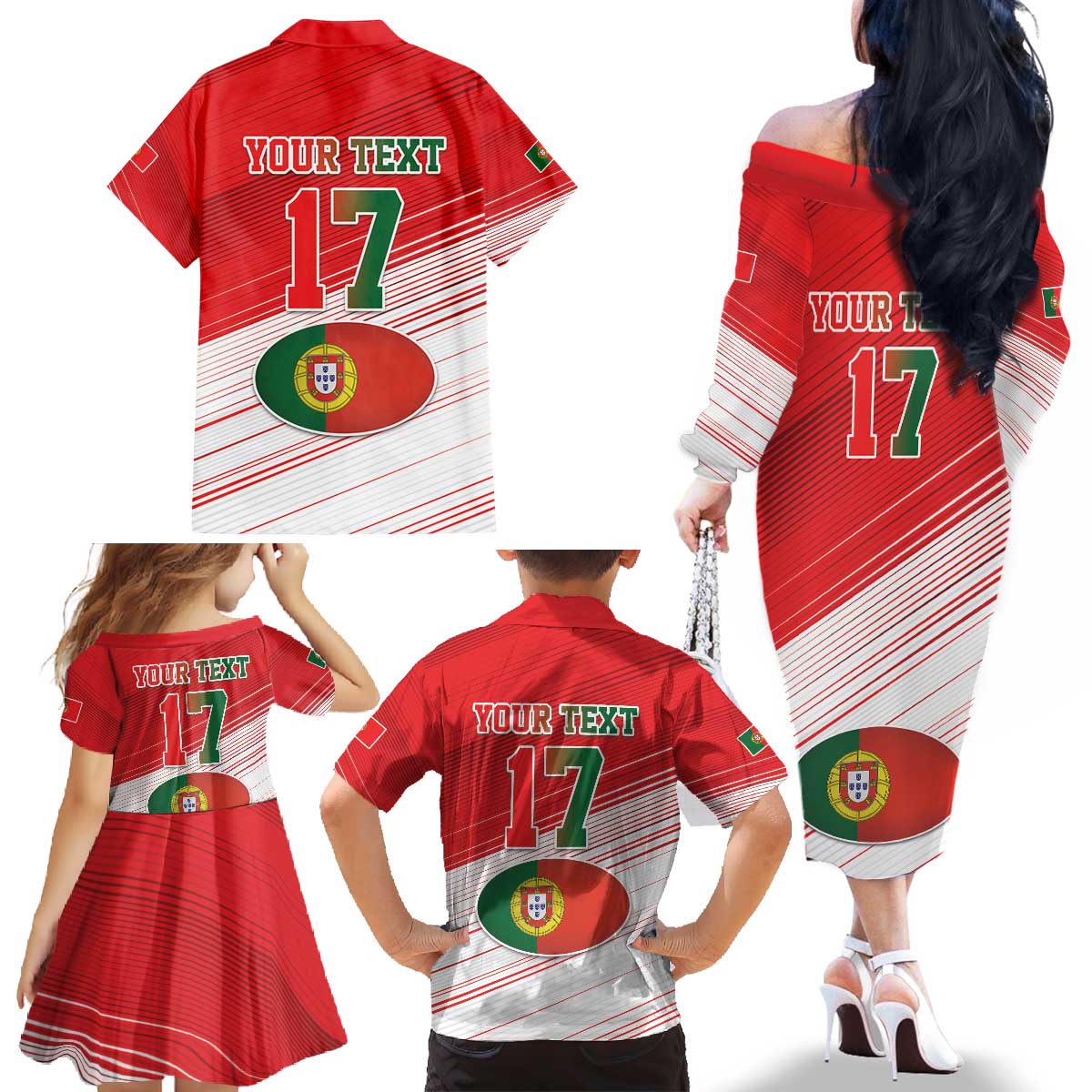 Custom Portugal Rugby Go Champions Family Matching Off The Shoulder Long Sleeve Dress and Hawaiian Shirt Wolf Mascot Style