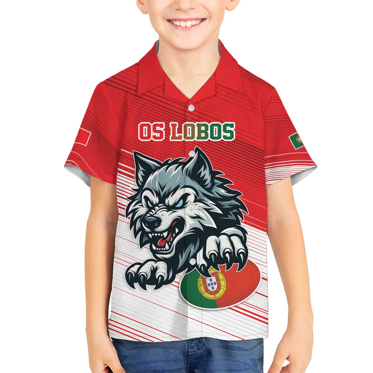 Custom Portugal Rugby Go Champions Family Matching Off The Shoulder Long Sleeve Dress and Hawaiian Shirt Wolf Mascot Style
