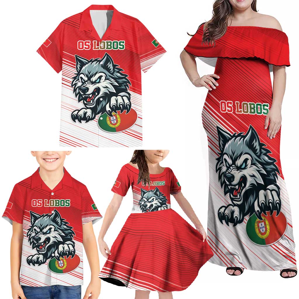 Custom Portugal Rugby Go Champions Family Matching Off Shoulder Maxi Dress and Hawaiian Shirt Wolf Mascot Style