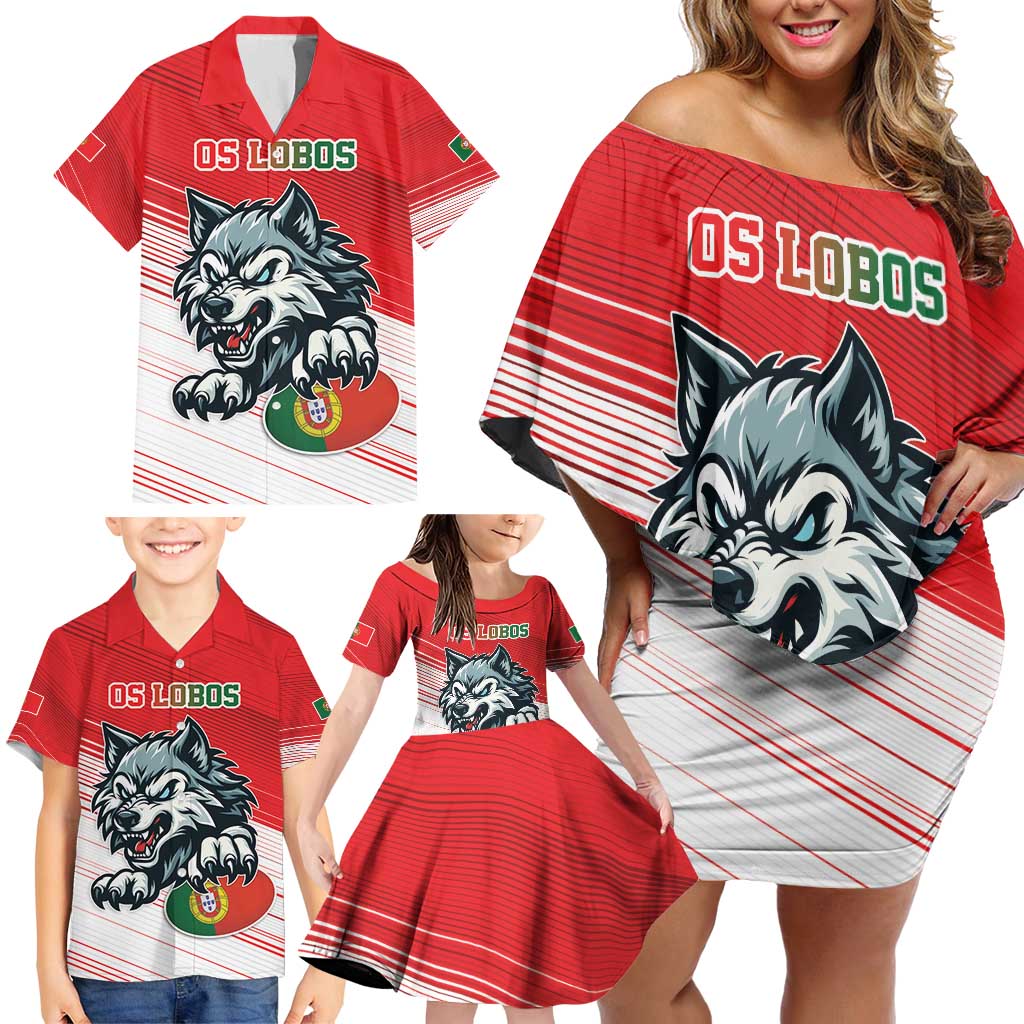 Custom Portugal Rugby Go Champions Family Matching Off Shoulder Short Dress and Hawaiian Shirt Wolf Mascot Style