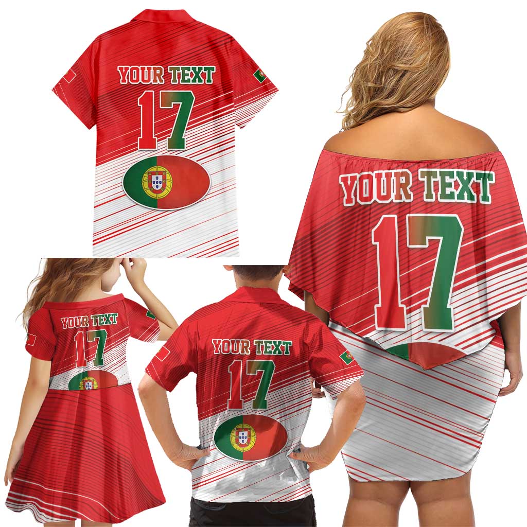 Custom Portugal Rugby Go Champions Family Matching Off Shoulder Short Dress and Hawaiian Shirt Wolf Mascot Style