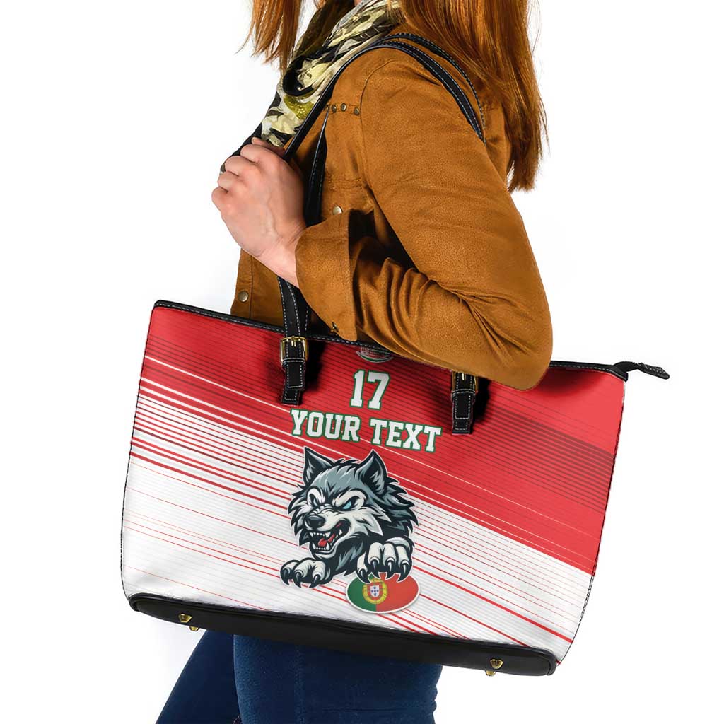 Custom Portugal Rugby Go Champions Leather Tote Bag Wolf Mascot Style
