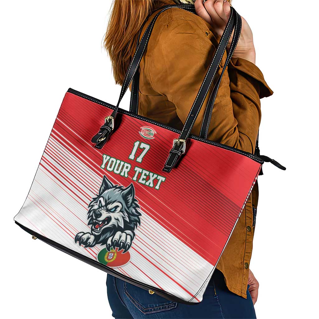 Custom Portugal Rugby Go Champions Leather Tote Bag Wolf Mascot Style